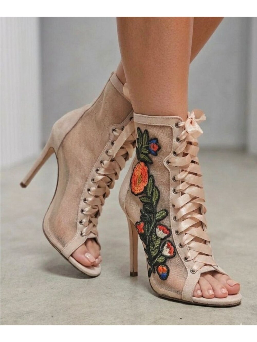 Floral Embroidered Mesh Lace-Up Stiletto Heels With Back Zipper - Picture 2 of 13